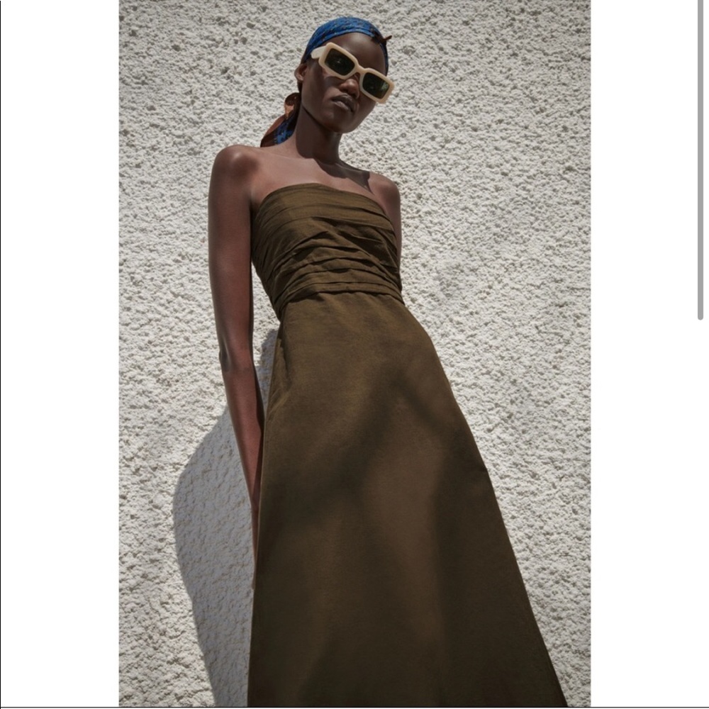 NEW WITH TAGS Zara Dark Khaki Draped Midi Strapless Summer Dress S